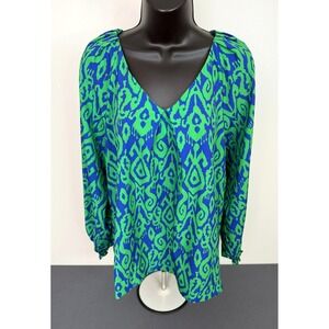 Umgee Women's Printed V-Neck Long Sleeve Blouse Green Blue Size Small Career